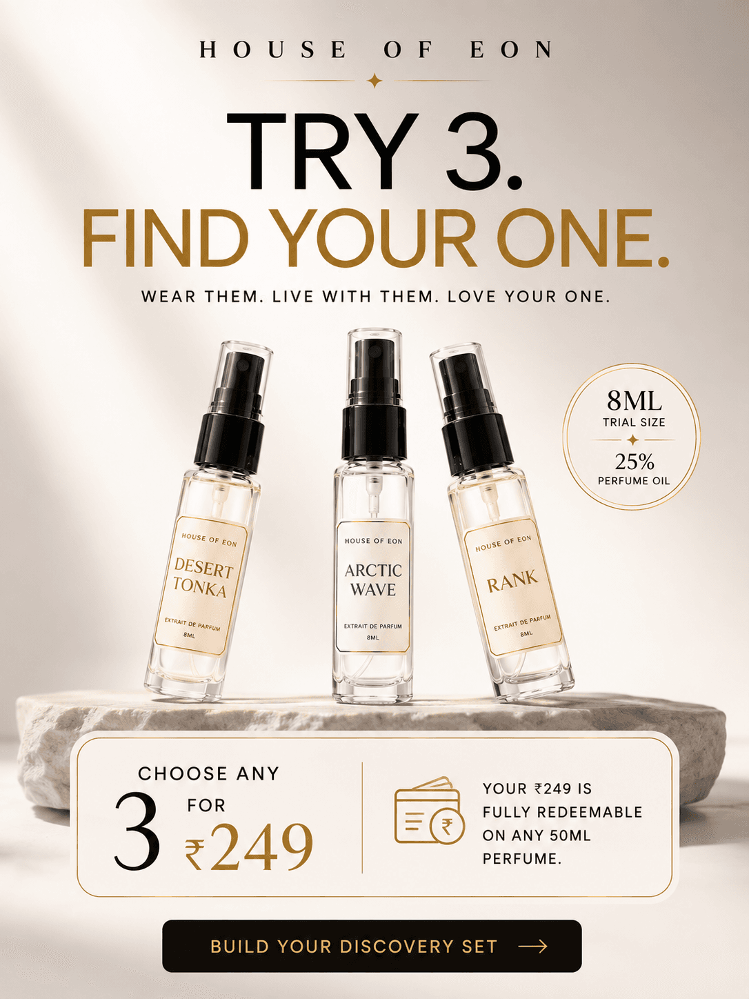 Three House of Eon 8 ml discovery fragrances