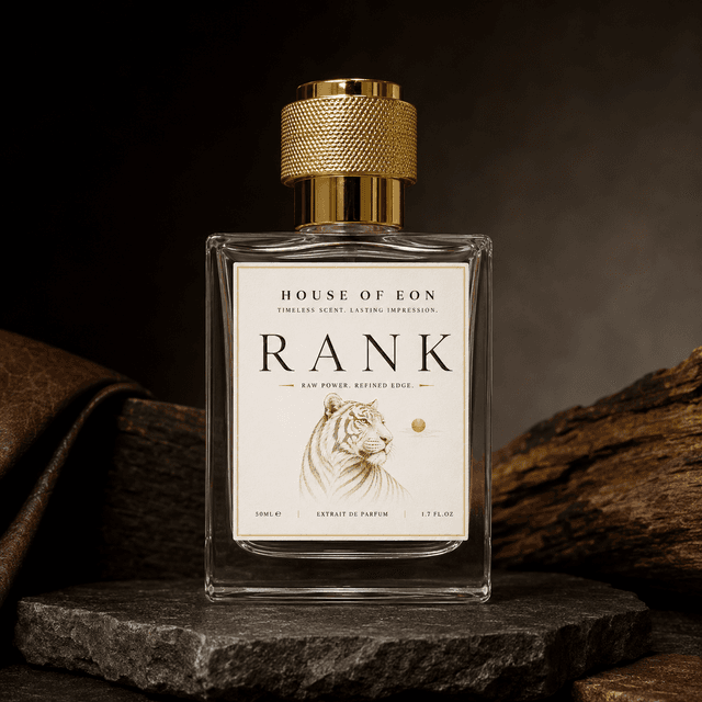 RANK full-size bottle, shown as a fragrance reference